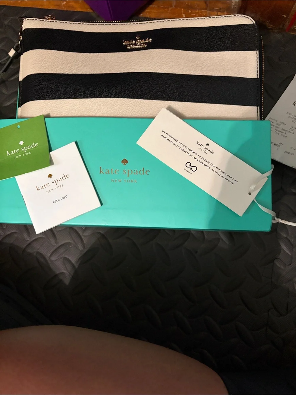 Kate Spade Quentin Black and White Striped Wristlet Pouch with Apple charger
